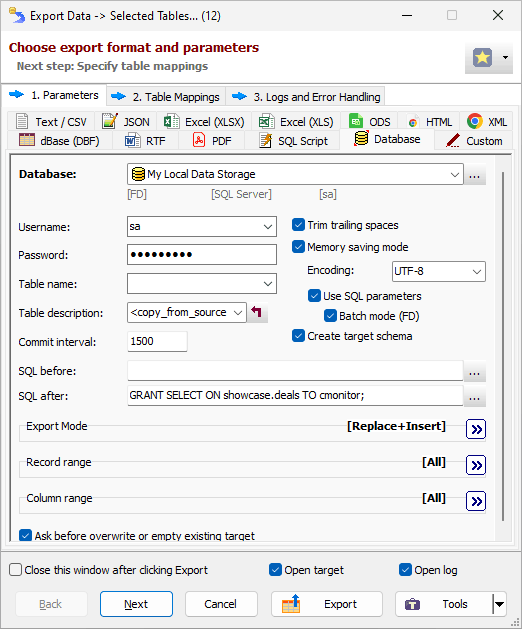 Експорт групи таблиць до SQL Server
